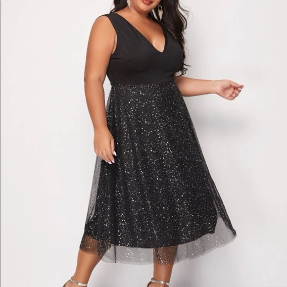 Boho v neck glitter mesh midi dress navy blue - Picture 6 of 9